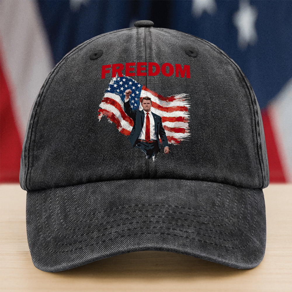 Freedom Stand With Charlie Kirk Washed Denim Baseball Cap HA75 64574
