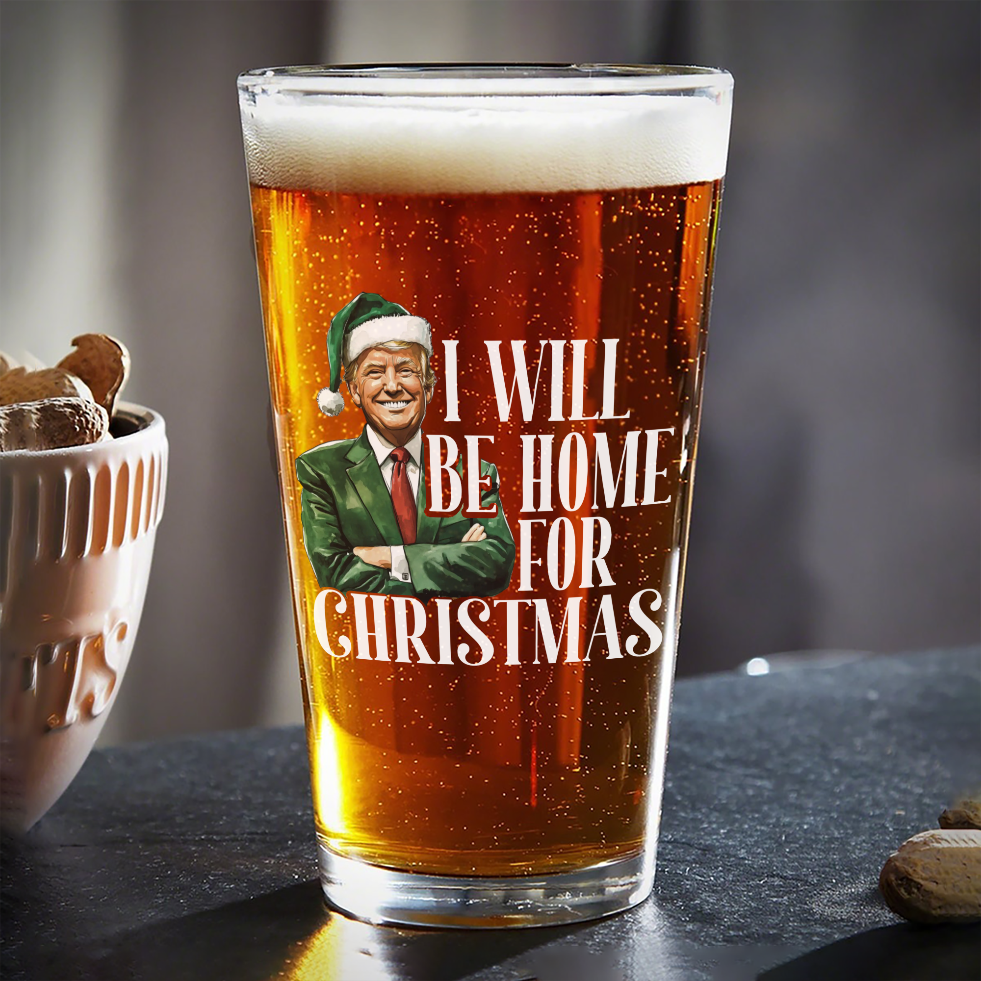 Trump I'll Be Home for Christmas - Humorous Trump Christmas Beer Glass HA75 63806