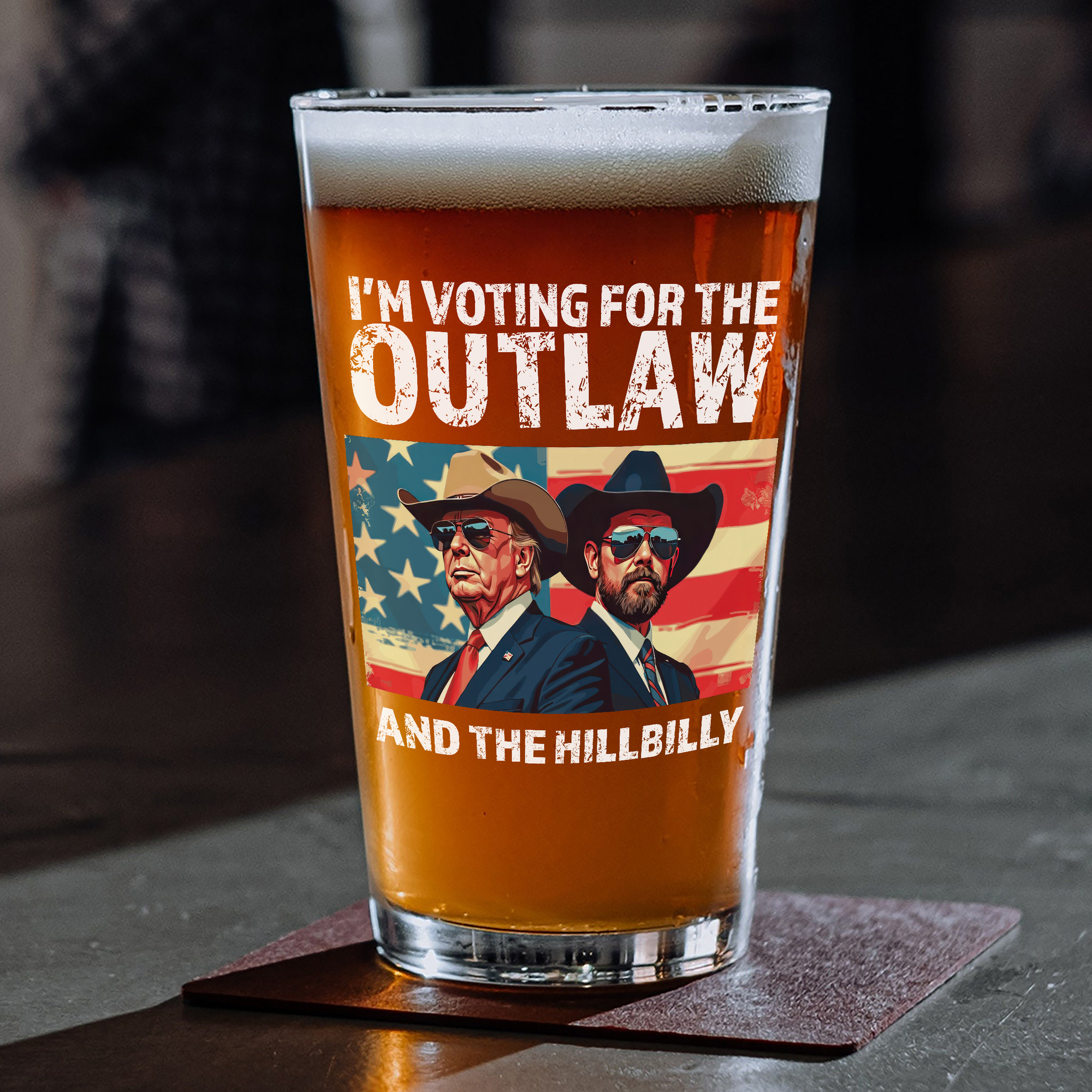 I'm Voting For The Outlaw And The Hillbilly Trump Vance Beer Glass HA75 63612