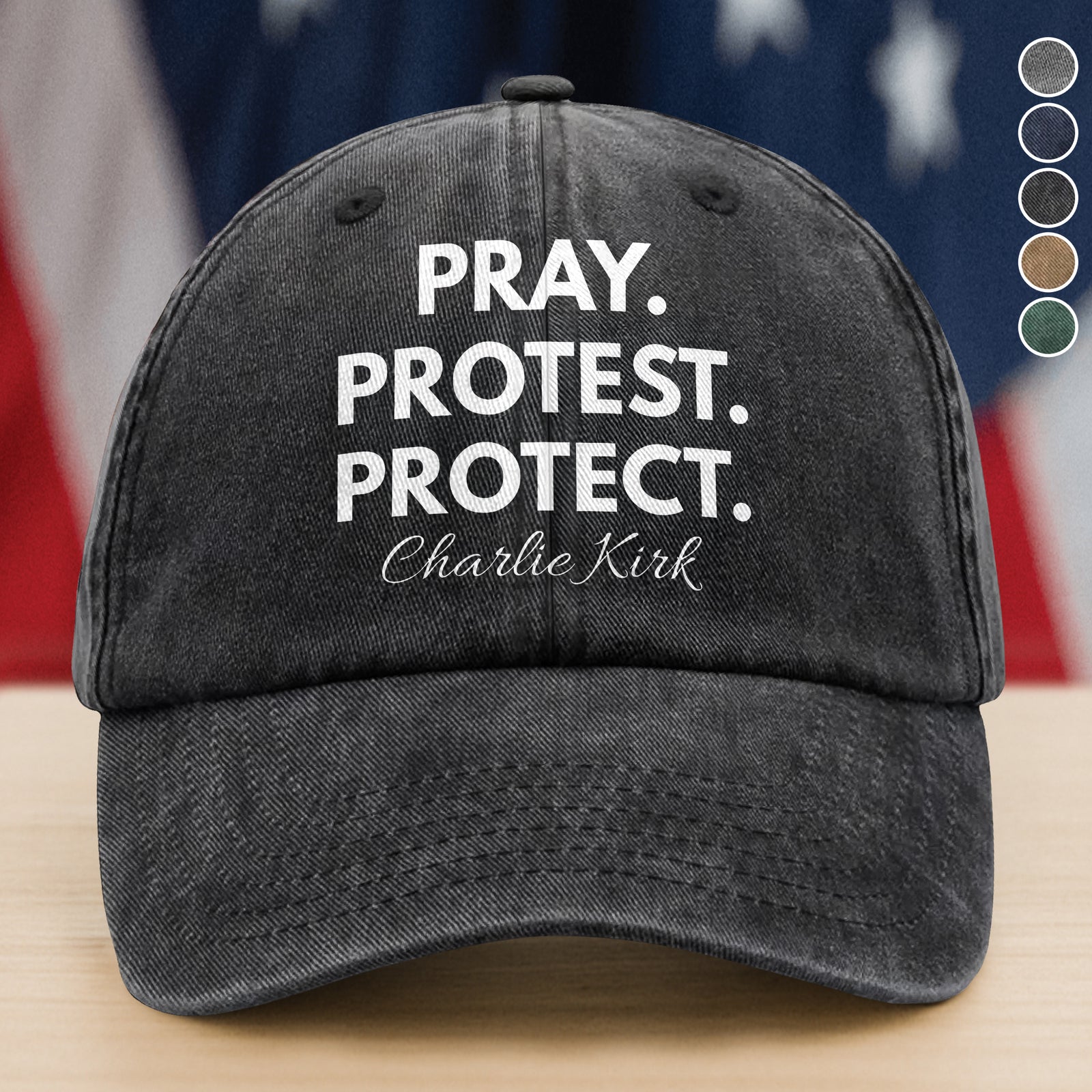 Pray. Protest. Protect - Justice For Charlie Kirk Washed Denim Baseball Cap LM32 65641