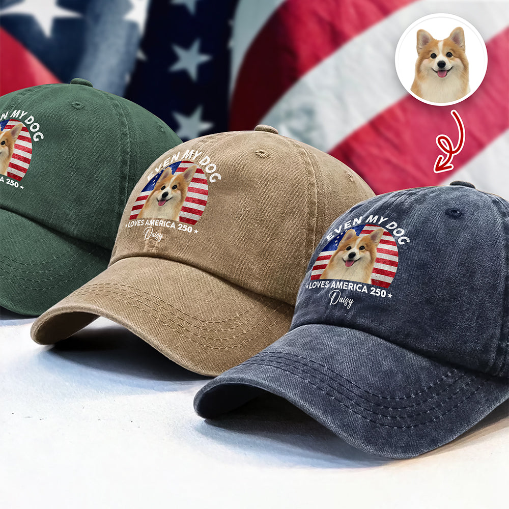 Custom Photo Even My Dogs Love America 250 Washed Denim Baseball Cap HO82 894720