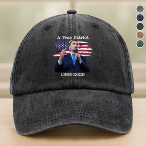 A True Patriot Charlie Kirk With US Flag Washed Denim Baseball Cap HO82 65910