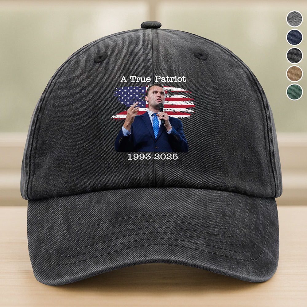 A True Patriot Charlie Kirk With US Flag Washed Denim Baseball Cap HO82 65910