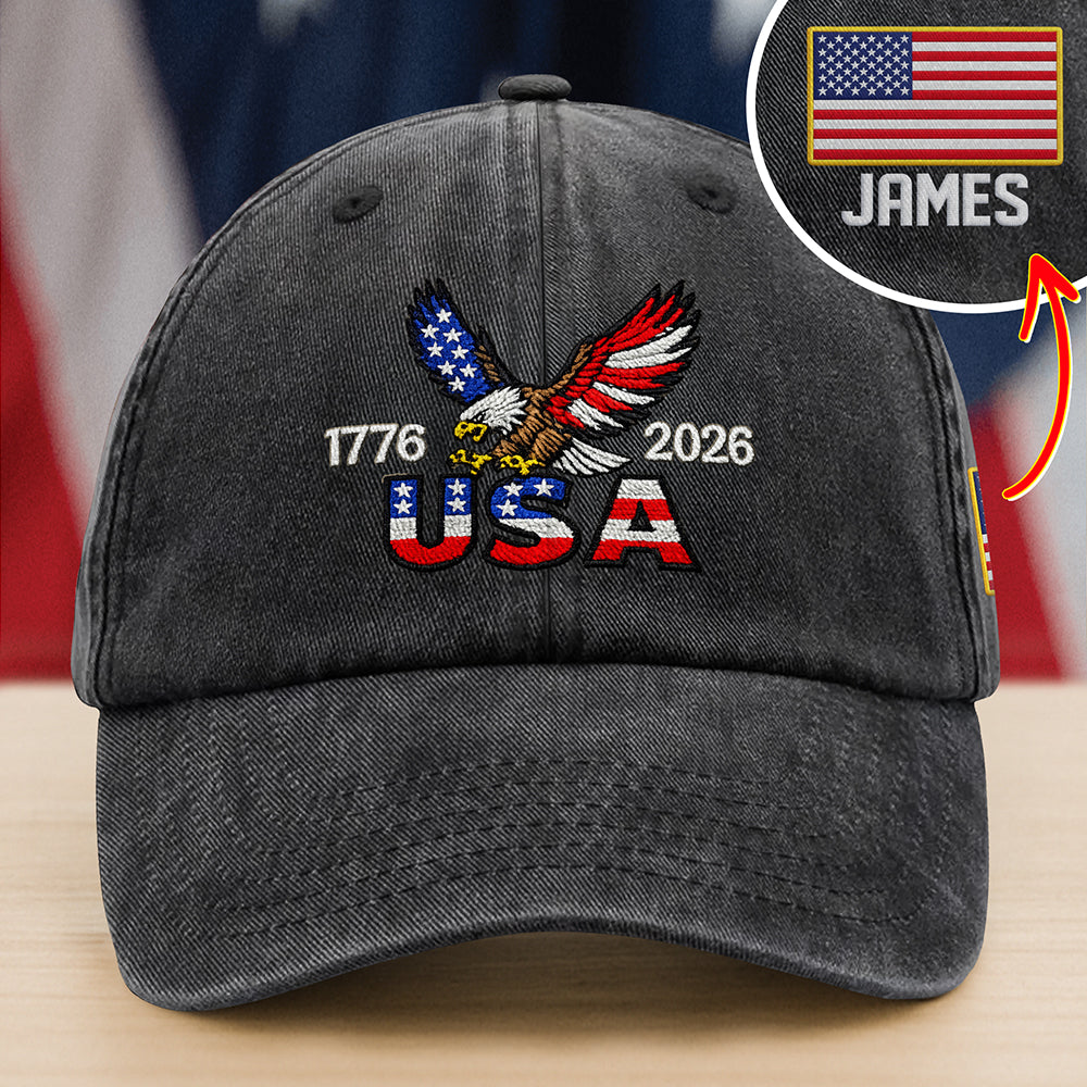 Personalized 250 Years USA Washed Cap with Embroidered American Flag, Patriotic Embroidered Baseball Cap HO82 901092