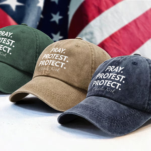 Pray. Protest. Protect - Justice For Charlie Kirk Washed Denim Baseball Cap LM32 65641