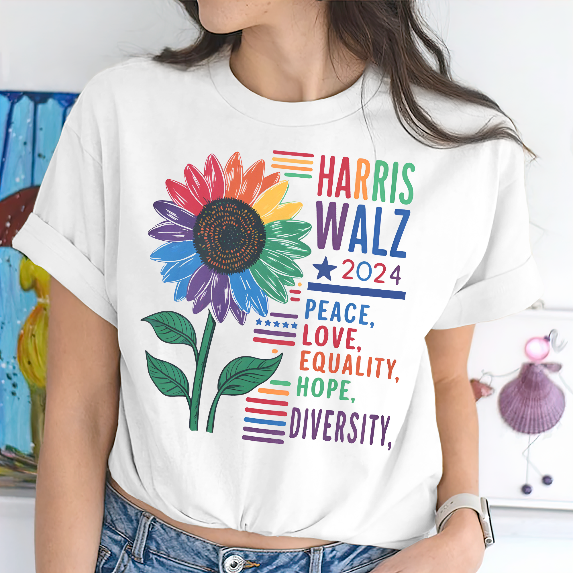 Harris Walz 2024 Peace Love Diversity Quality Graphic Bright Shirt N304 HA75 63560