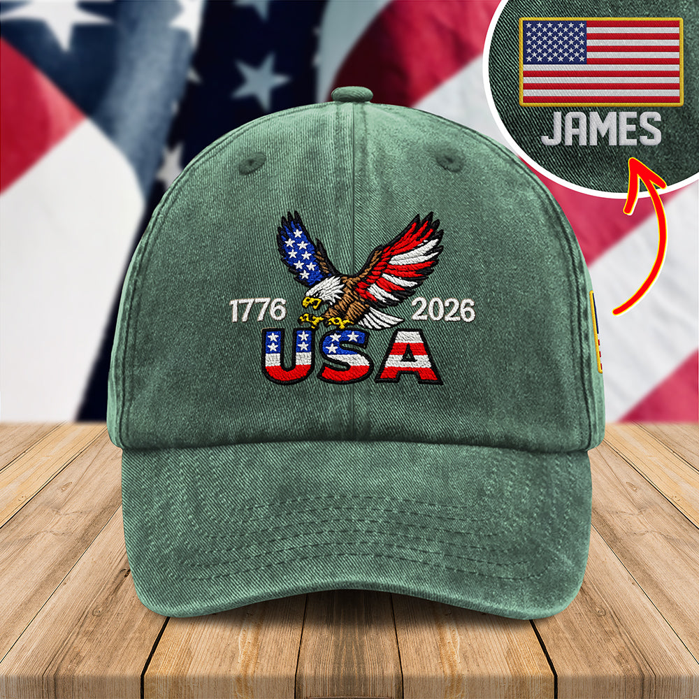 Personalized 250 Years USA Washed Cap with Embroidered American Flag, Patriotic Embroidered Baseball Cap HO82 901092