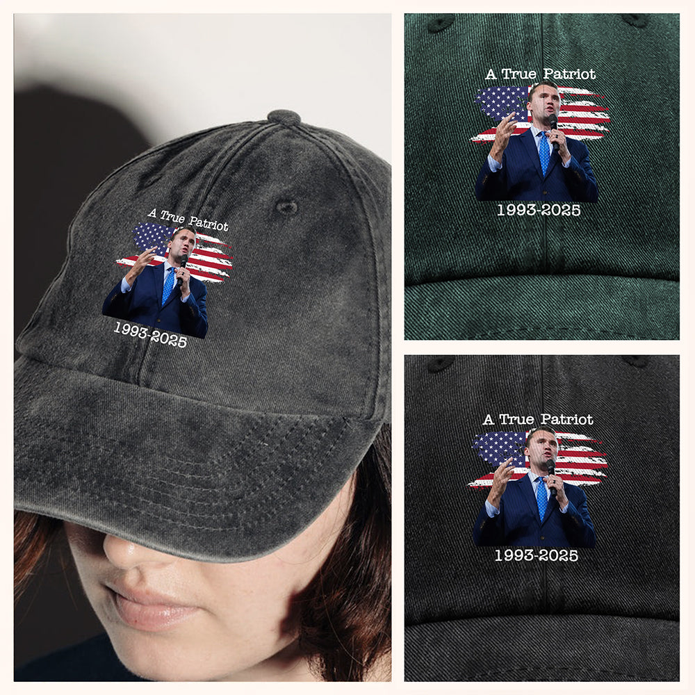 A True Patriot Charlie Kirk With US Flag Washed Denim Baseball Cap HO82 65910