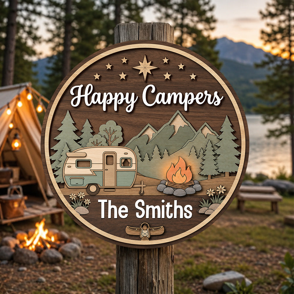 Personalized Happy Campers Camping 2-Layer Wooden Door Sign CH07 180030