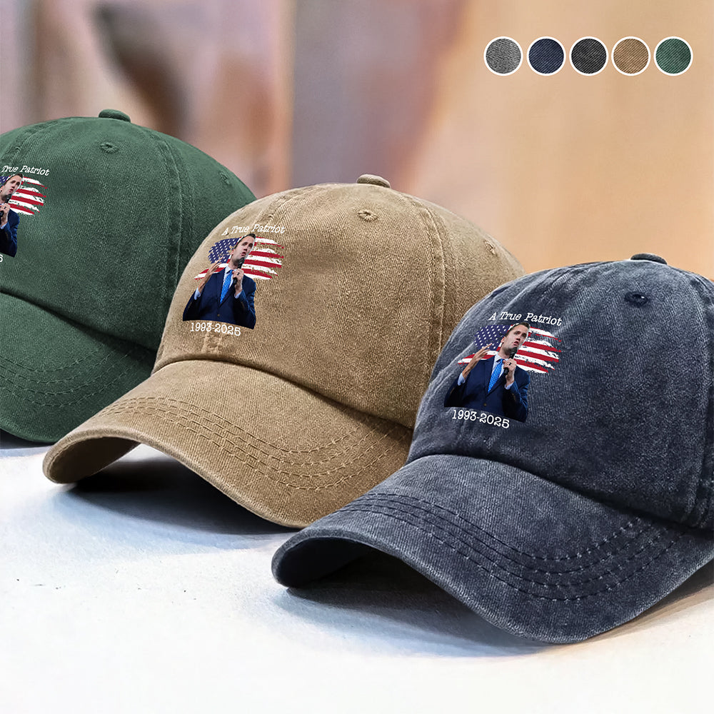 A True Patriot Charlie Kirk With US Flag Washed Denim Baseball Cap HO82 65910