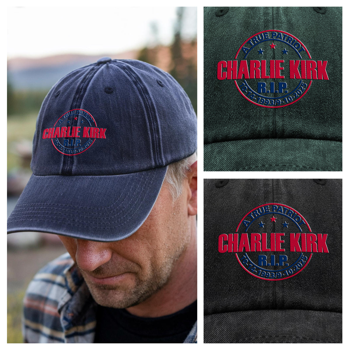 A True Patriot Charlie Kirk R.I.P Washed Denim Baseball Cap LM32 65643