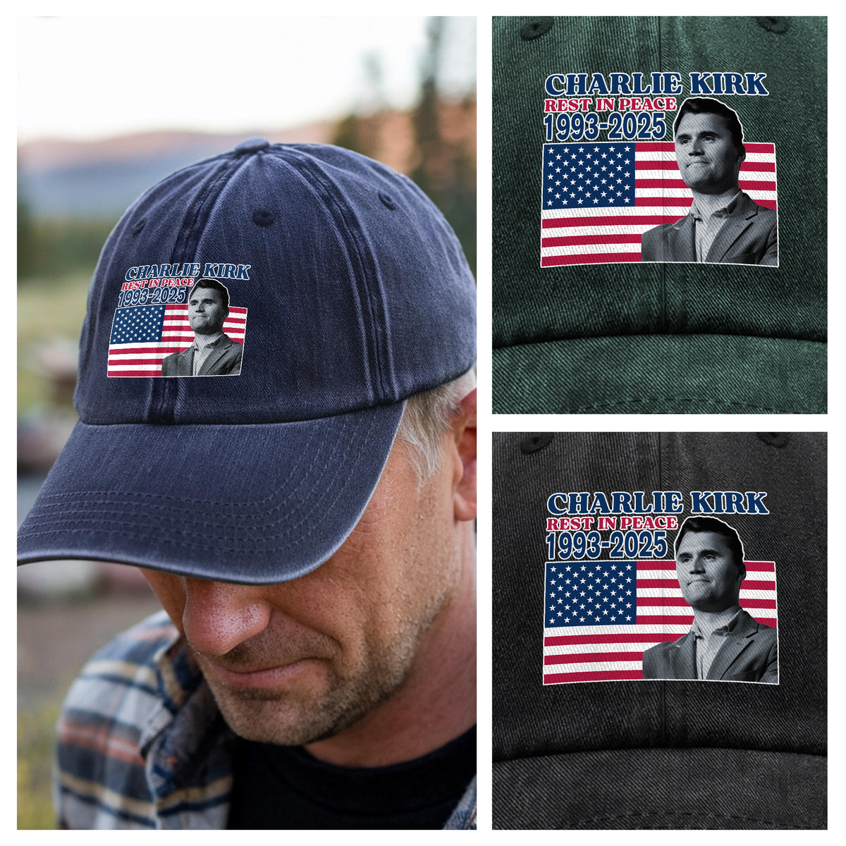 Charlie Kirk Rest In Peace 1993-2025 America Washed Denim Baseball Cap LM32 65625