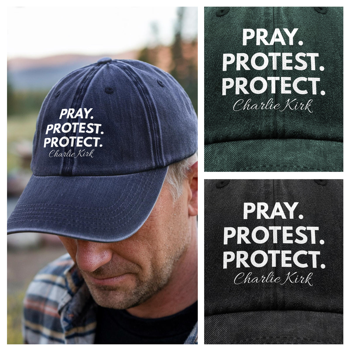 Pray. Protest. Protect - Justice For Charlie Kirk Washed Denim Baseball Cap LM32 65641
