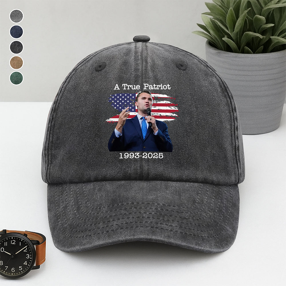 A True Patriot Charlie Kirk With US Flag Washed Denim Baseball Cap HO82 65910