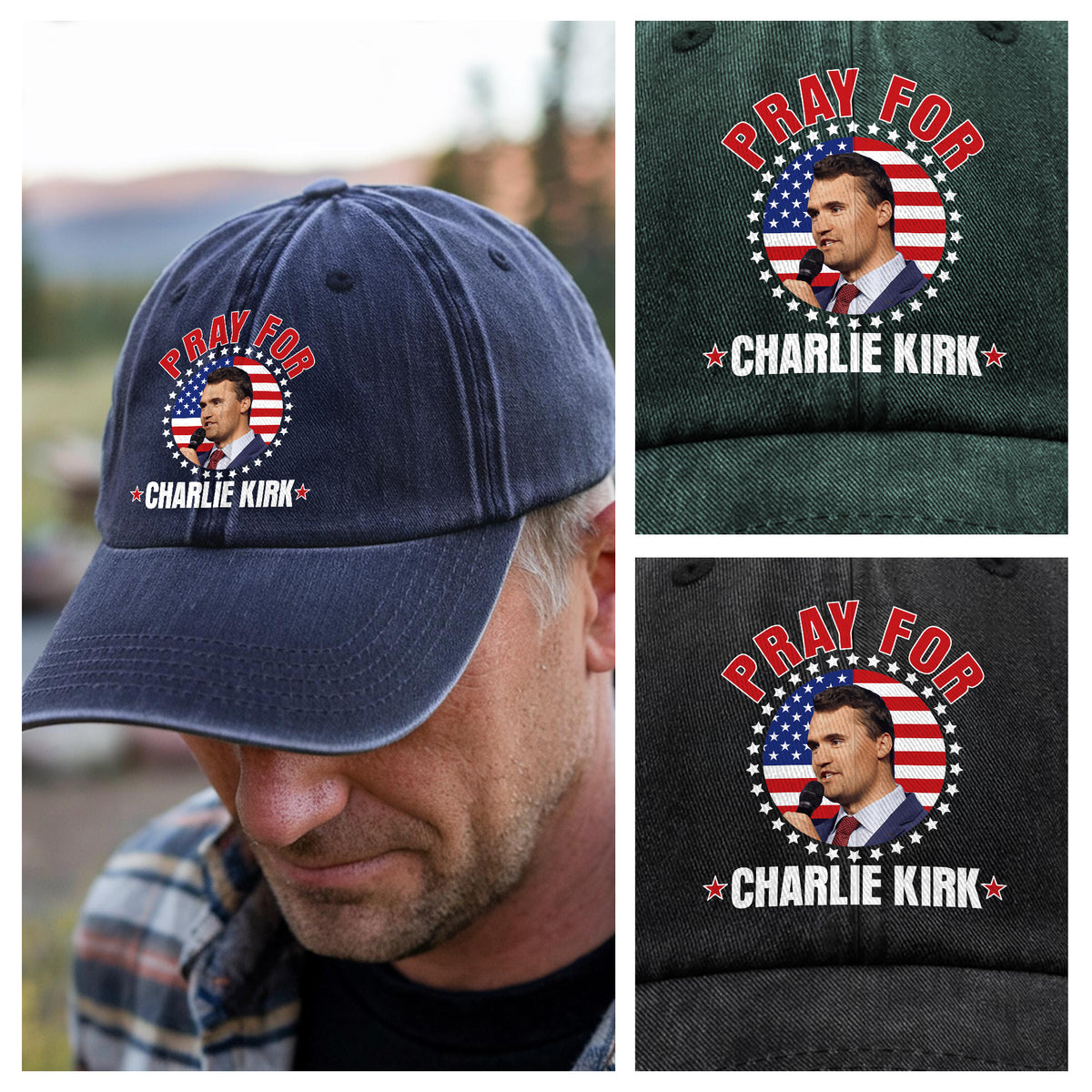Pray for Charlie Kirk Washed Denim Baseball Cap HA75 64450