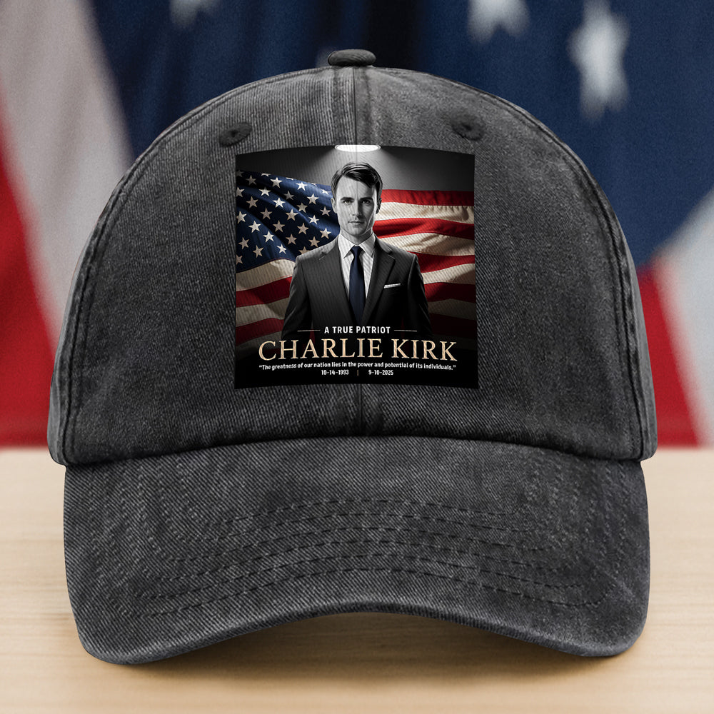 A True Patriot Charlie Kirk Memorial Washed Denim Baseball Cap CH07 67386