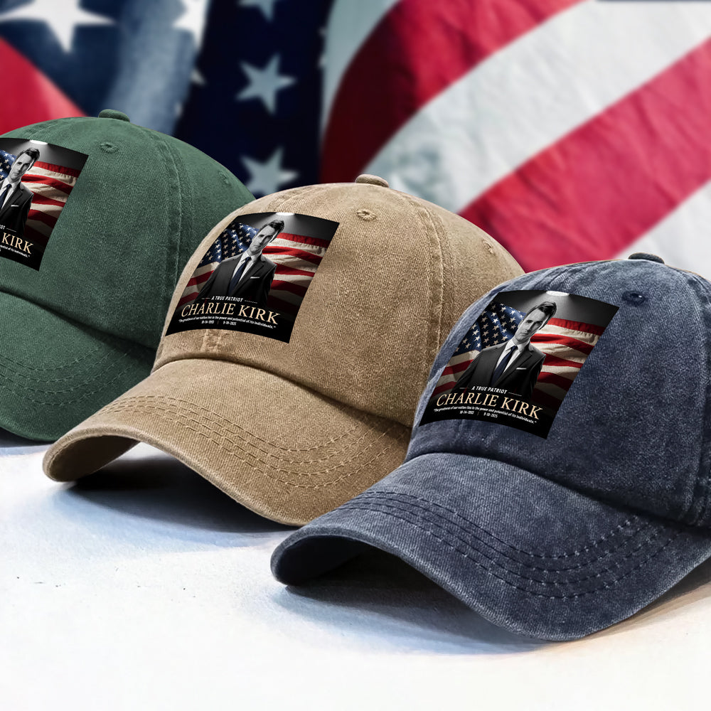 A True Patriot Charlie Kirk Memorial Washed Denim Baseball Cap CH07 67386