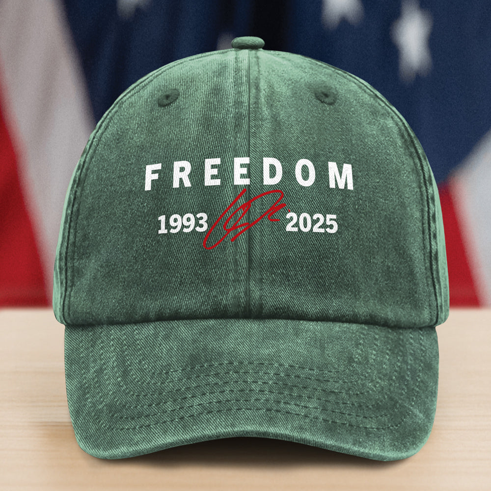 Freedom Red Signature Charlie Kirk Tribute 1993-2025 Washed Denim Baseball Cap CH07 67596