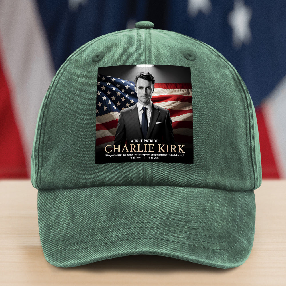 A True Patriot Charlie Kirk Memorial Washed Denim Baseball Cap CH07 67386