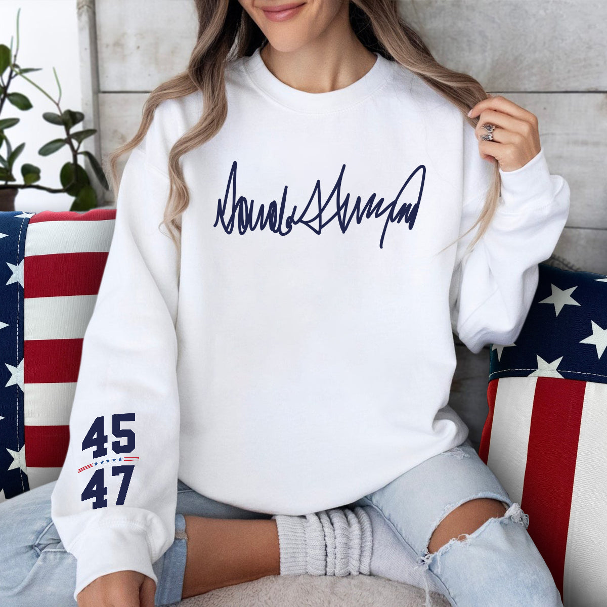 He's Always In Our Hearts Donald Trump 45 47 Sleeve Sweatshirt TH10 64255