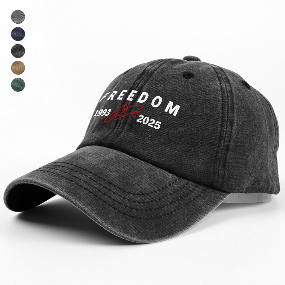 Freedom Red Signature Charlie Kirk Tribute 1993-2025 Washed Denim Baseball Cap CH07 67596