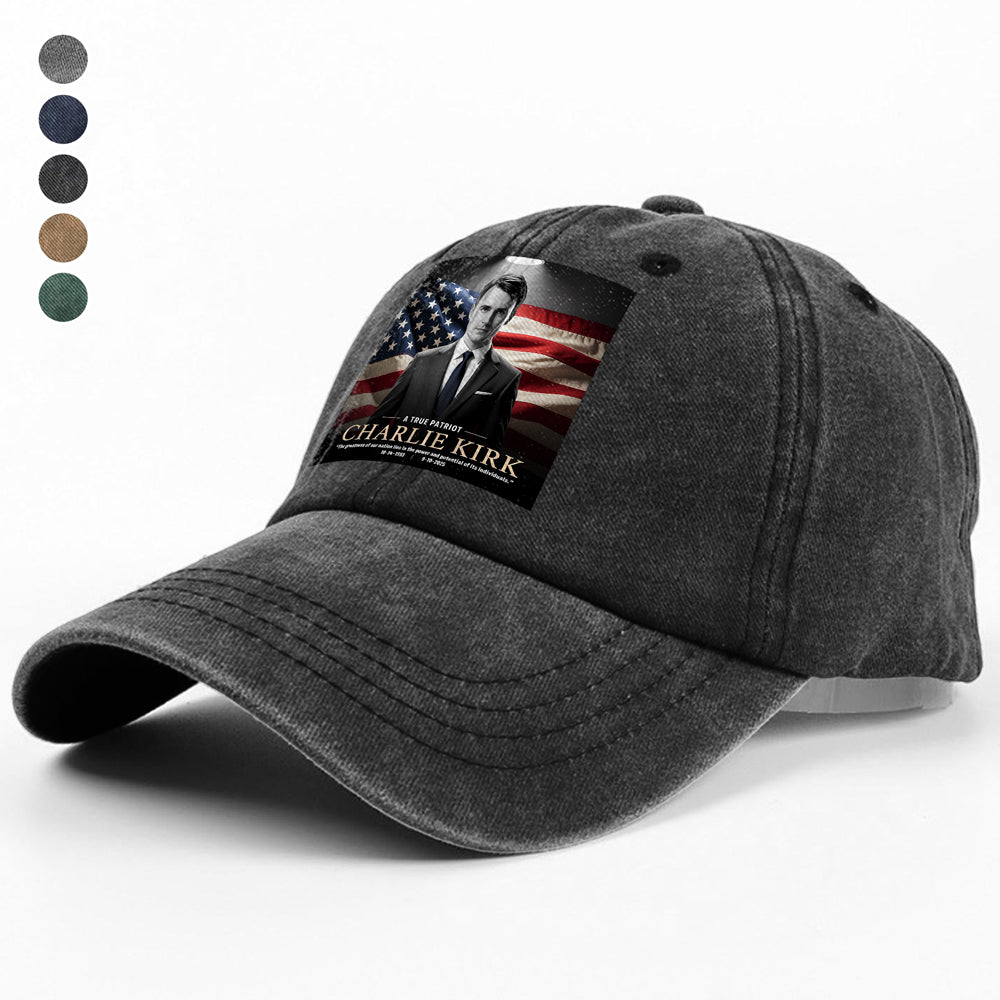 A True Patriot Charlie Kirk Memorial Washed Denim Baseball Cap CH07 67386