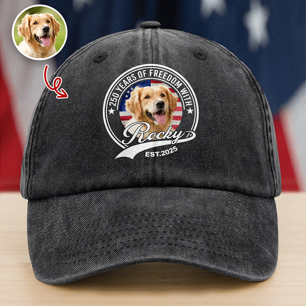 Custom Photo 250 Years Of Freedom With Dog Cat Washed Denim Baseball Cap HO82 894658