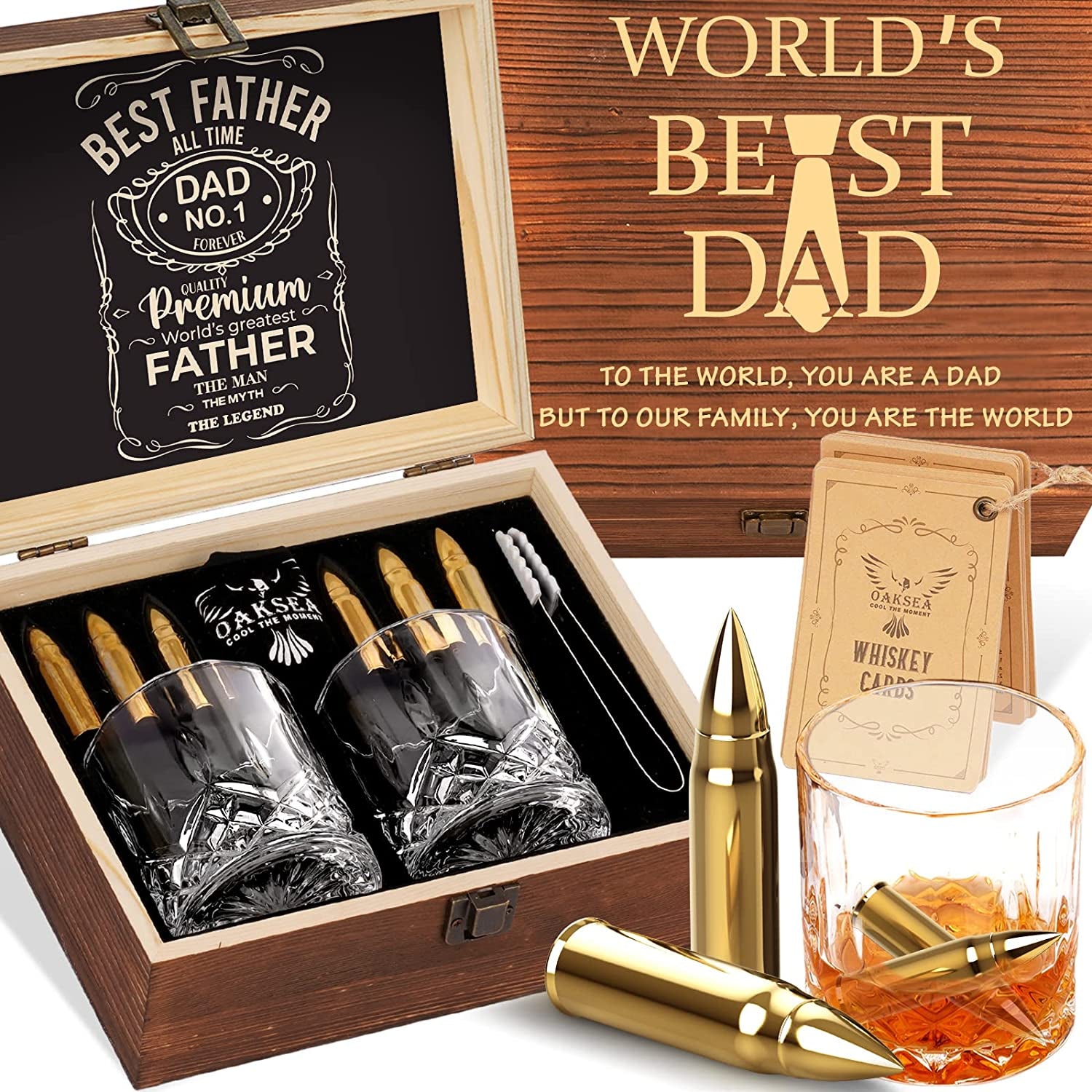 Gifts for Men, Dad Birthday Gifts for Fathers Day from Daughter Son Wife, Engraved World'S Best Dad Whiskey Stones Glasses Set, Cool Bourbon Scotch Cocktail Set Gifts