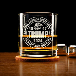 Engraved Donald Trump Whiskey Glass Gifts, Etched Rock Glass for Republican Supporters, Make America Great Again 45 47