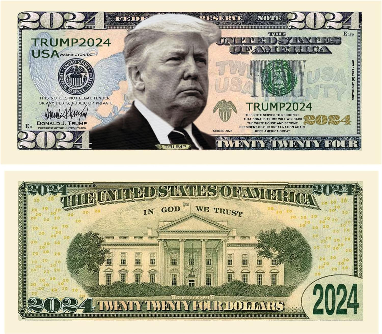 Donald Trump 2024 Re-Election Limited Edition Novelty Dollar Bill - Pack of 50 - Full Color Front & Back Printing with Great Detail. Make American Great Again.