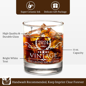 Retirement Gifts for Men Whiskey Glass Set - the Legend Has Retired 2024 - Retirement Party Decorations, Supplies - Gifts Ideas for Him, Dad, Husband, Friends - Wood Box & Whiskey Stones & Coaster