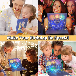 UPGRADED 3D Pop up Firework Birthday Cards, Musical & LED Lights Birthday Cards with Blowable Birthday Cake, Greeting Cards, Birthday Gifts for Mom Women Men Kids Child Dad Father Wife (Blue)