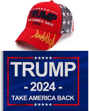 Trump 2024 MAGA Hat and Trump Flag Set, Trump 2024 Hat Take America Back Baseball Cap