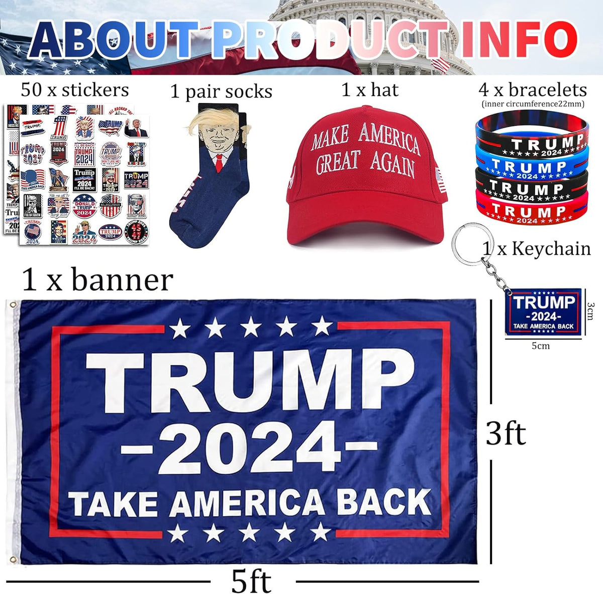 Supporter Kit Trump 2024 Flag 3 * 5Ft Trump Take Ameirica Back Flags Banner Trump Stickers Trump Hat Trump Socks Trump Keychain Trump Bracelets