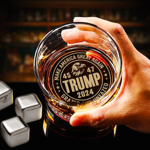 Engraved Donald Trump Whiskey Glass Gifts, Etched Rock Glass for Republican Supporters, Make America Great Again 45 47