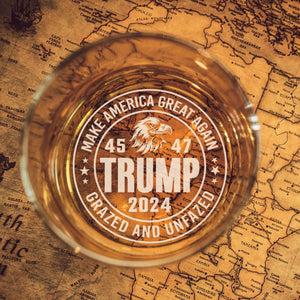 Engraved Donald Trump Whiskey Glass Gifts, Etched Rock Glass for Republican Supporters, Make America Great Again 45 47