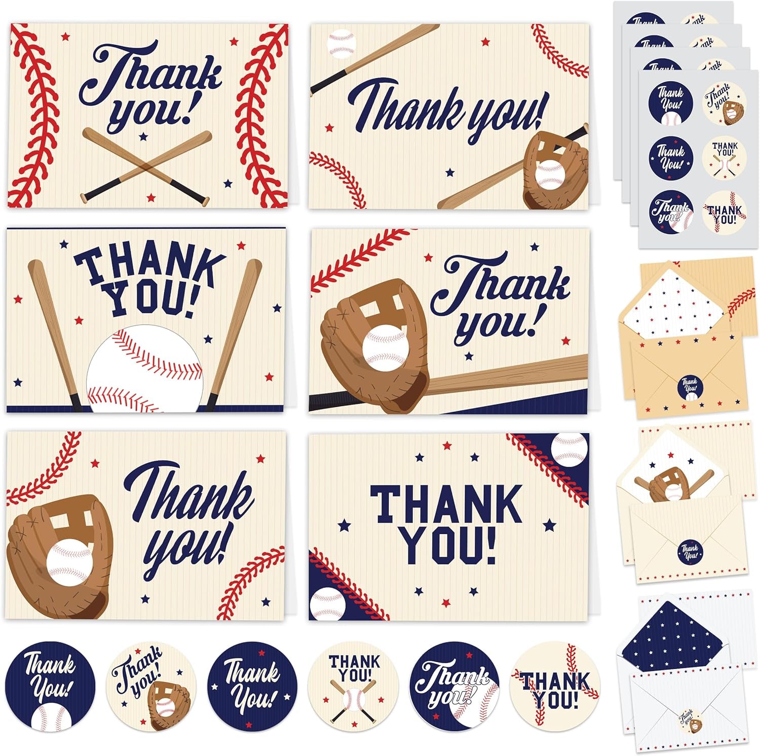 Baseball Thank You Cards, 24Pcs Greeting Card with 6 Designs, Blank Inside, 6X4 Inch, Matching Envelopes & Stickers, Perfect for Birthday, Coach, Father'S Day, Kid Thank You Cards