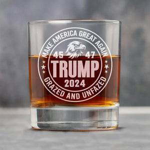 Engraved Donald Trump Whiskey Glass Gifts, Etched Rock Glass for Republican Supporters, Make America Great Again 45 47