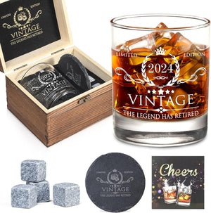 Retirement Gifts for Men Whiskey Glass Set - the Legend Has Retired 2024 - Retirement Party Decorations, Supplies - Gifts Ideas for Him, Dad, Husband, Friends - Wood Box & Whiskey Stones & Coaster