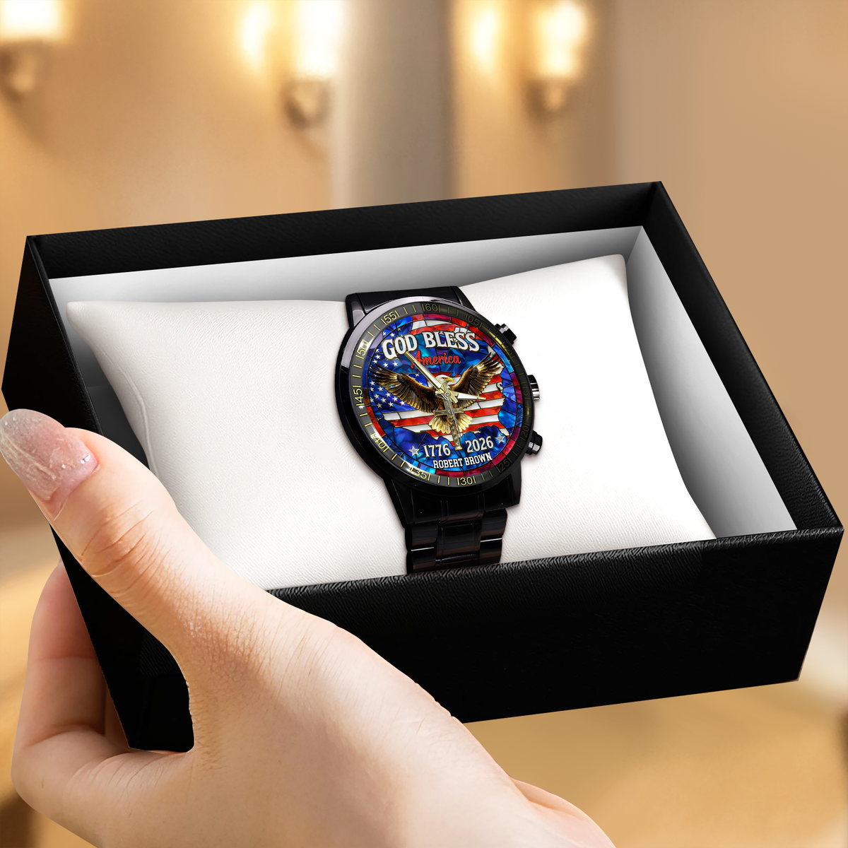 Personalized Name Patriotic 250th Anniversary God Bless America Eagle 1776–2026 Men's Wrist Watch HO82 901558