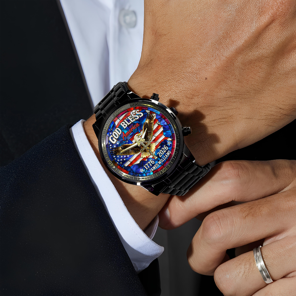 Personalized Name Patriotic 250th Anniversary God Bless America Eagle 1776–2026 Men's Wrist Watch HO82 901558