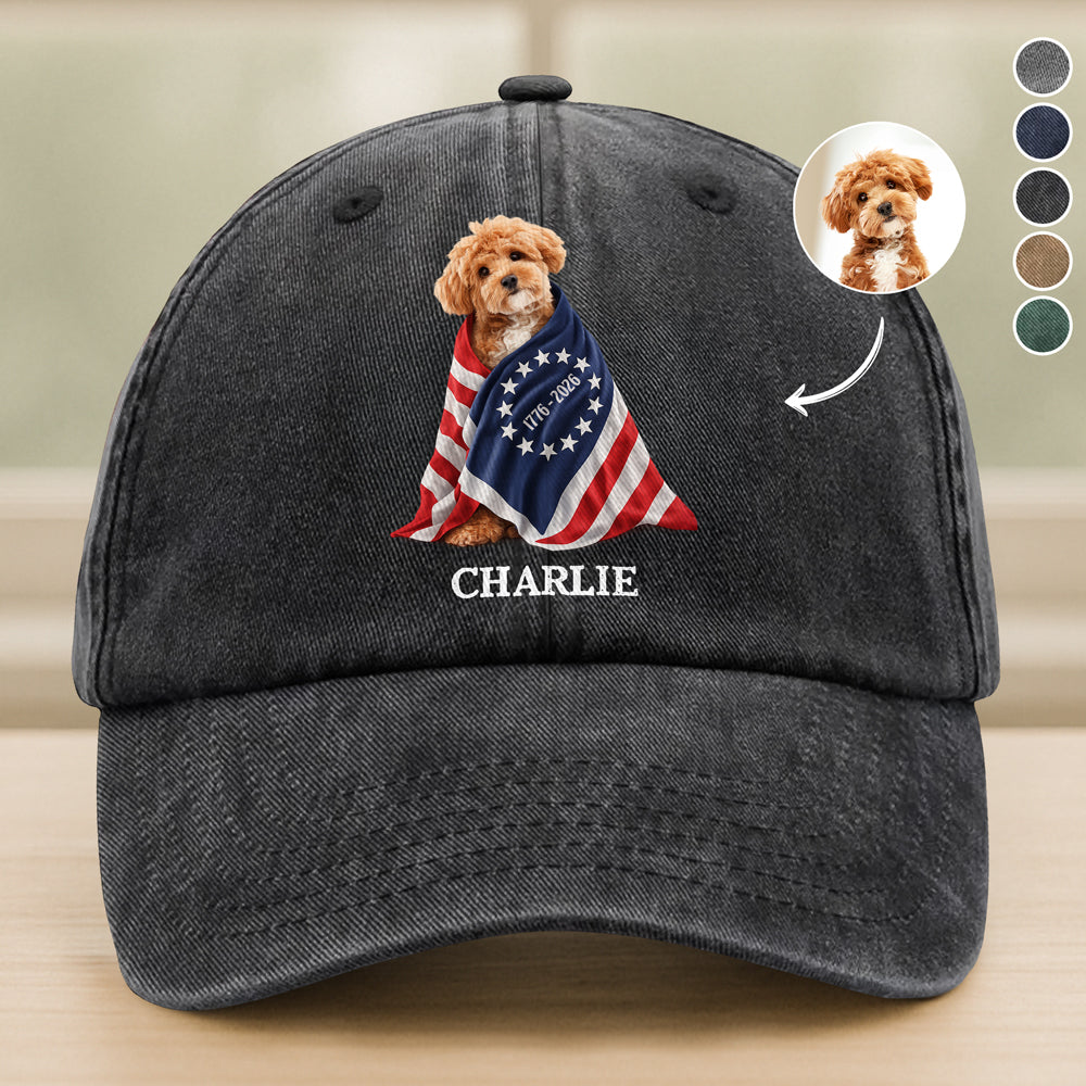 Custom Photo Dog Cat With America 250 Washed Denim Baseball Cap HO82 901260