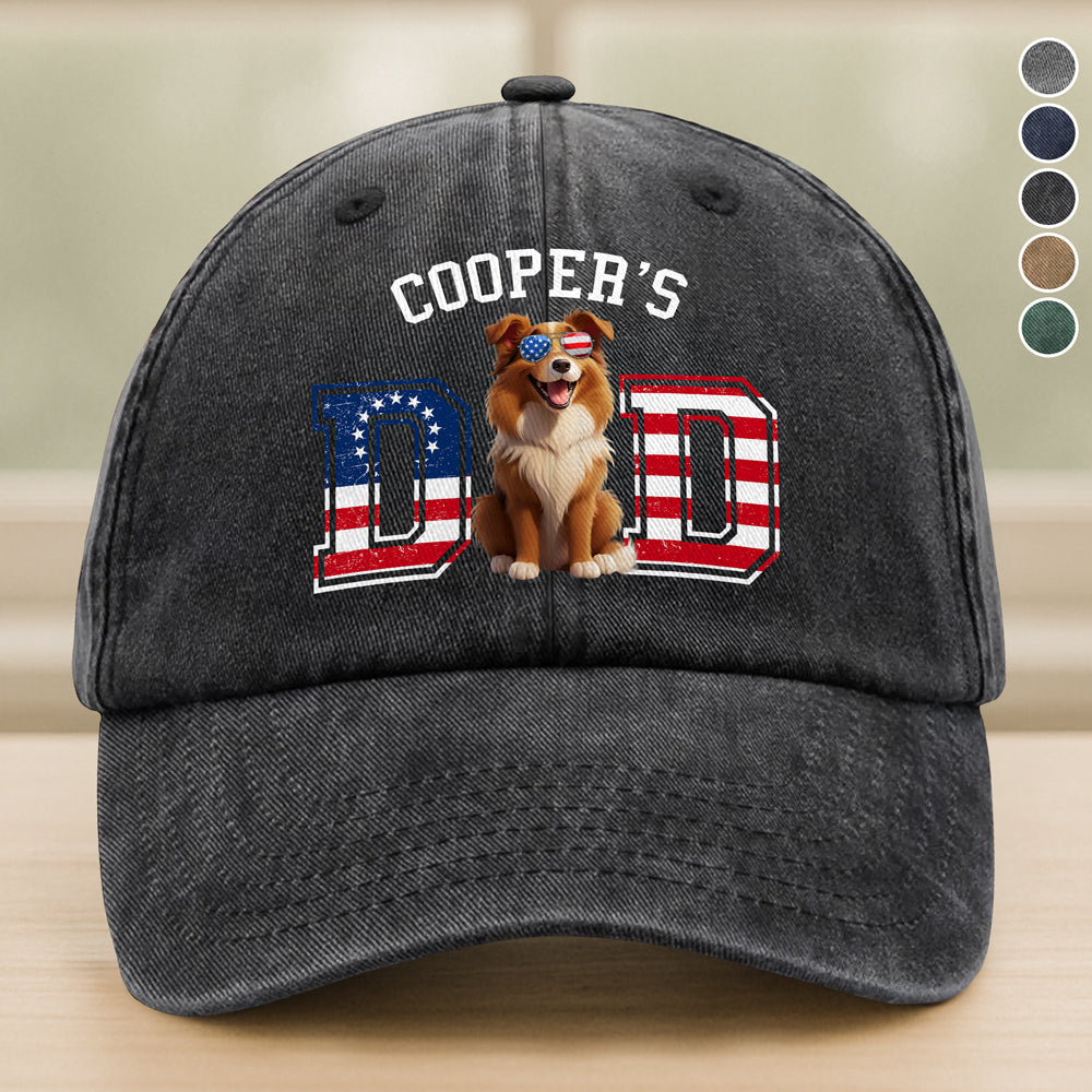 Personalized Dog Dad Ver US Flag Vintage Washed Denim Baseball Cap HO82 901254