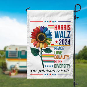 Custom Family Name Harris Walz 2024 Peace Love Equality Hope Diversity Garden Flag HO82 65050