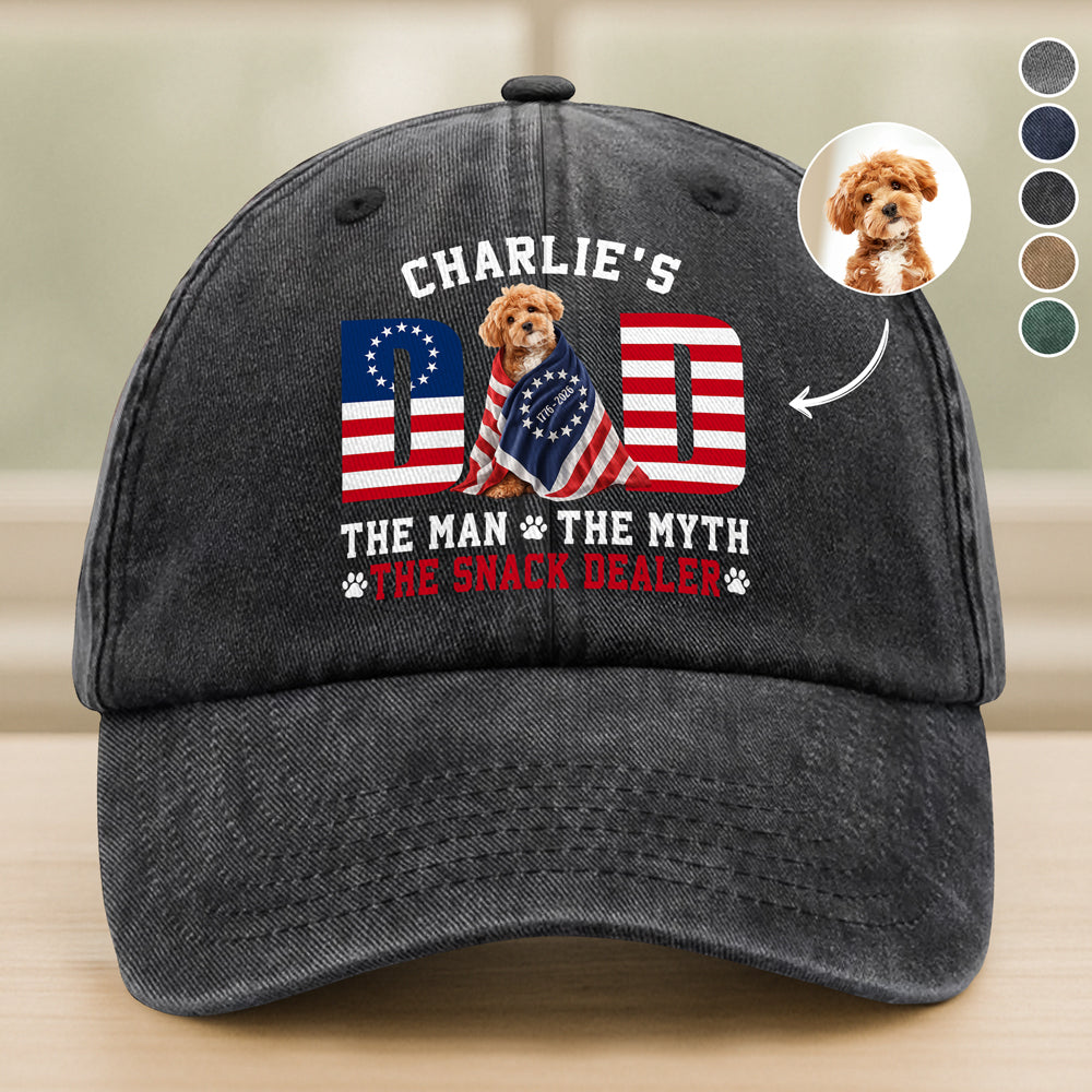 Custom Photo Dog - Dog's Dad The Man The Myth The Dealer American Flag Washed Denim Baseball Cap HO82 901264