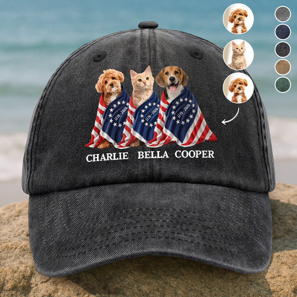 Custom Photo Dog Cat With America 250 Washed Denim Baseball Cap HO82 901260