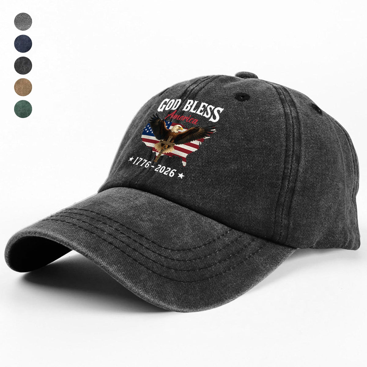 Patriotic 250th Anniversary God Bless America Eagle 1776–2026 Washed Denim Baseball Cap HO82 900978
