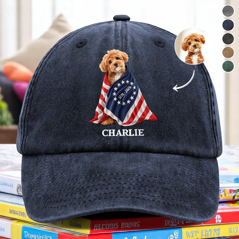 Custom Photo Dog Cat With America 250 Washed Denim Baseball Cap HO82 901260