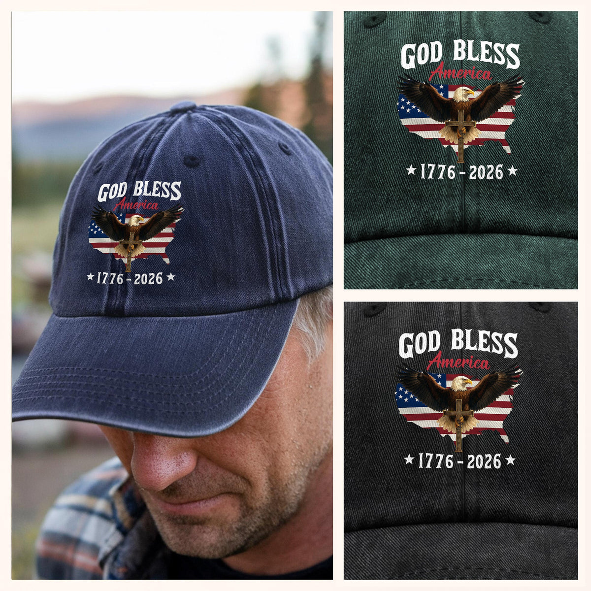 Patriotic 250th Anniversary God Bless America Eagle 1776–2026 Washed Denim Baseball Cap HO82 900978