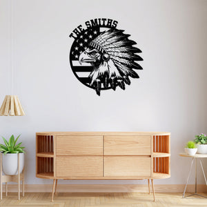 Custom Family Name Patriotic Native Eagle Metal House Metal Sign, Patriotic Wall Art HO82 901160